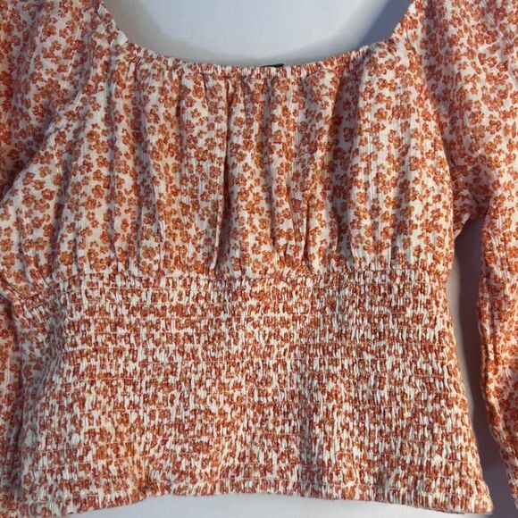 American Eagle Orange Floral Print Cropped Long Sleeve Peasant Top Size Small - Picture 6 of 11